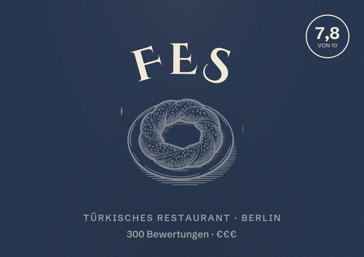Illustriertes Poster von Fes, Türkisches Restaurant in Berlin: Bewertung 7,8 von 10 aus 300 Bewertungen, Preisniveau €€€