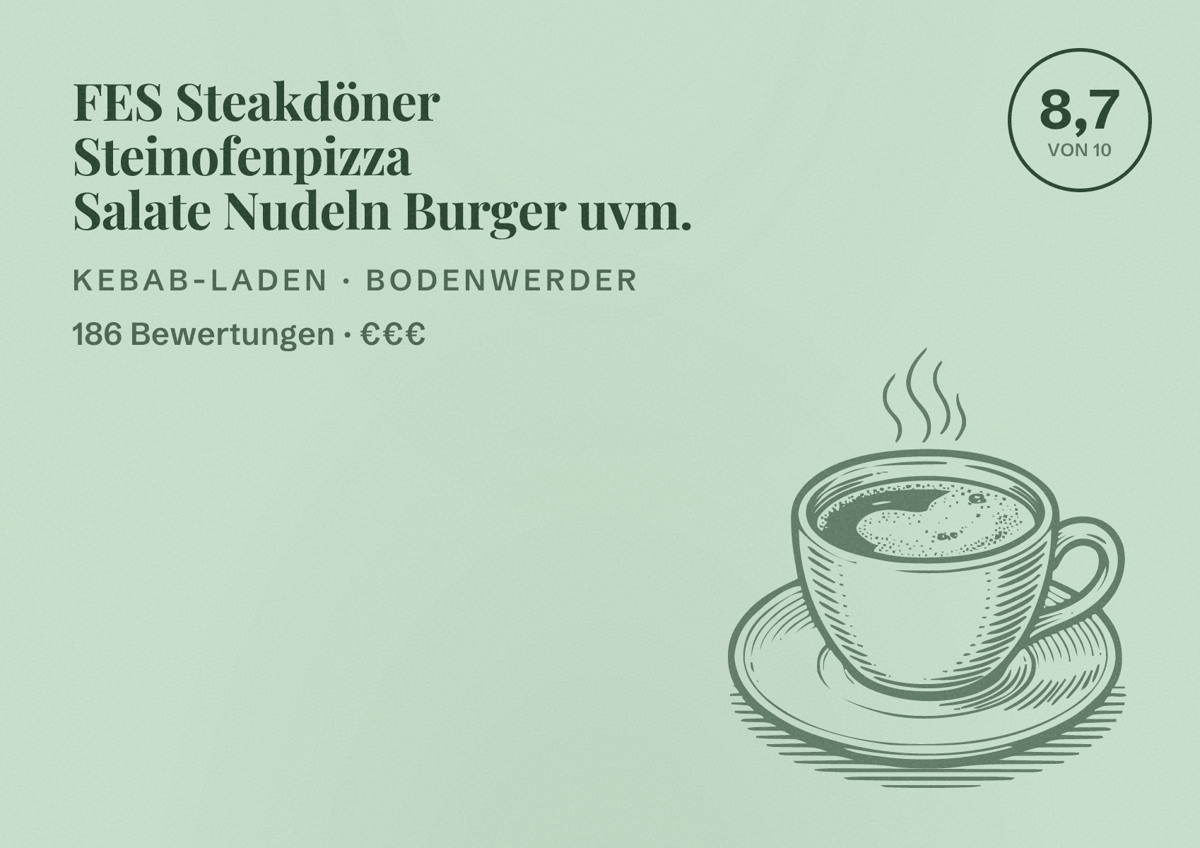 Illustriertes Poster von FES Steakdöner Steinofenpizza Salate Nudeln Burger uvm., Kebab-Laden in Bodenwerder: Bewertung 8,7 von 10 aus 186 Bewertungen, Preisniveau €€€