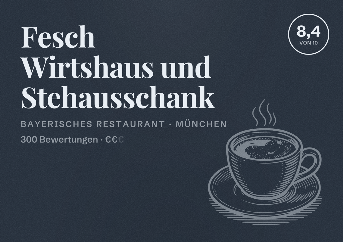 Illustriertes Poster von Fesch Wirtshaus und Stehausschank, Bayerisches Restaurant in München: Bewertung 8,4 von 10 aus 300 Bewertungen, Preisniveau €€
