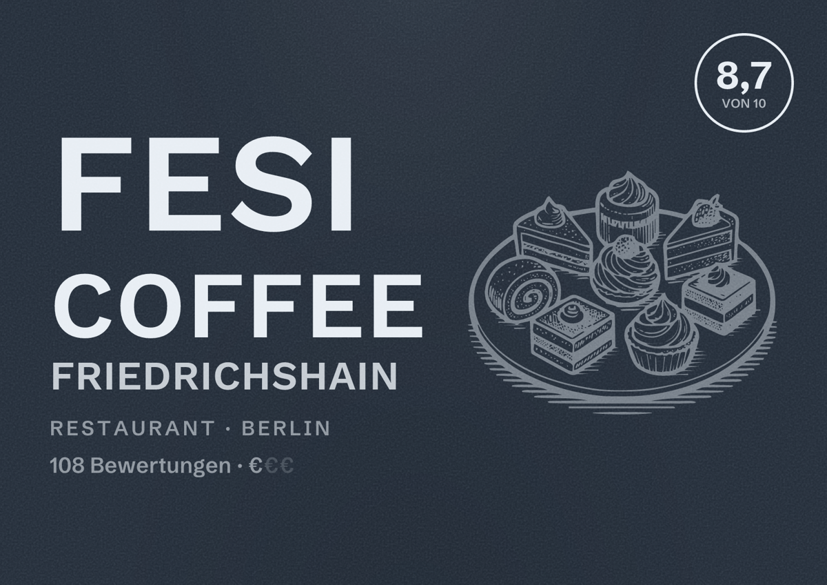 Illustriertes Poster von Fesi Coffee Friedrichshain, Restaurant in Berlin: Bewertung 8,7 von 10 aus 108 Bewertungen, Preisniveau €