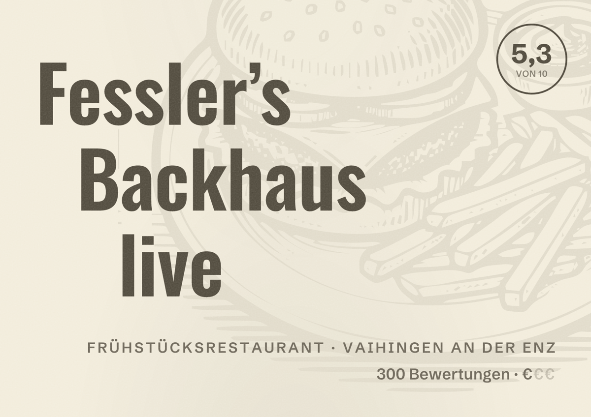 Illustriertes Poster von Fessler’s Backhaus live, Frühstücksrestaurant in Vaihingen an der Enz: Bewertung 5,3 von 10 aus 300 Bewertungen, Preisniveau €