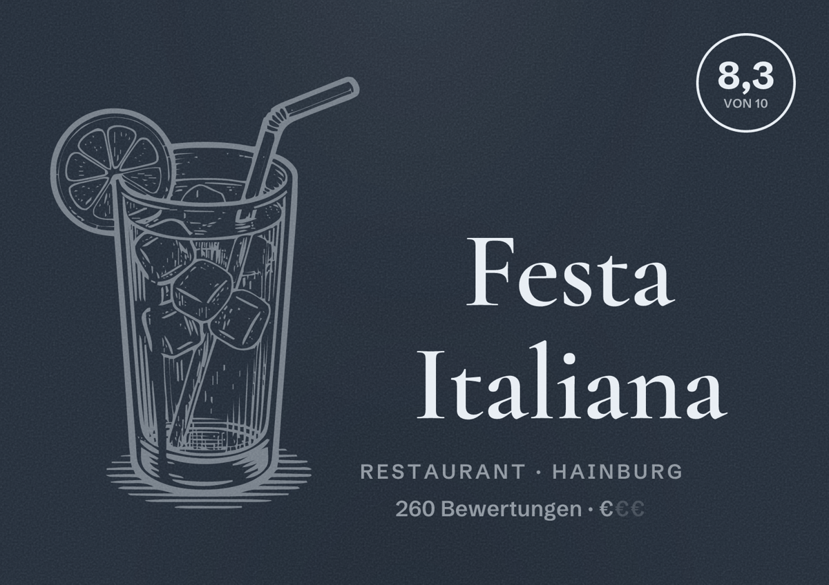 Illustriertes Poster von Festa Italiana, Restaurant in Hainburg: Bewertung 8,3 von 10 aus 260 Bewertungen, Preisniveau €