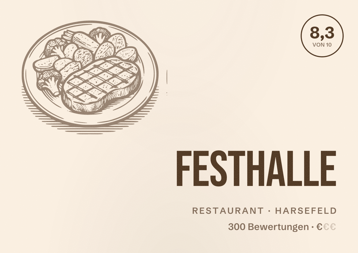 Illustriertes Poster von Festhalle, Restaurant in Harsefeld: Bewertung 8,3 von 10 aus 300 Bewertungen, Preisniveau €