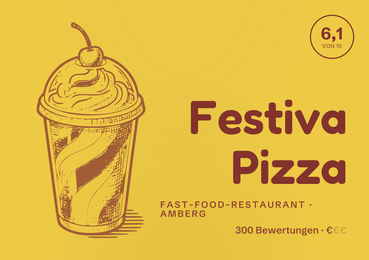 Illustriertes Poster von Festiva Pizza, Fast-Food-Restaurant in Amberg: Bewertung 6,1 von 10 aus 300 Bewertungen, Preisniveau €