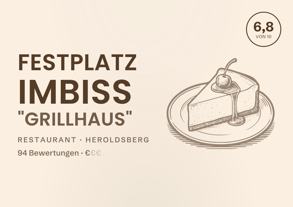 Illustriertes Poster von Festplatz Imbiss "Grillhaus", Restaurant in Heroldsberg: Bewertung 6,8 von 10 aus 94 Bewertungen, Preisniveau €