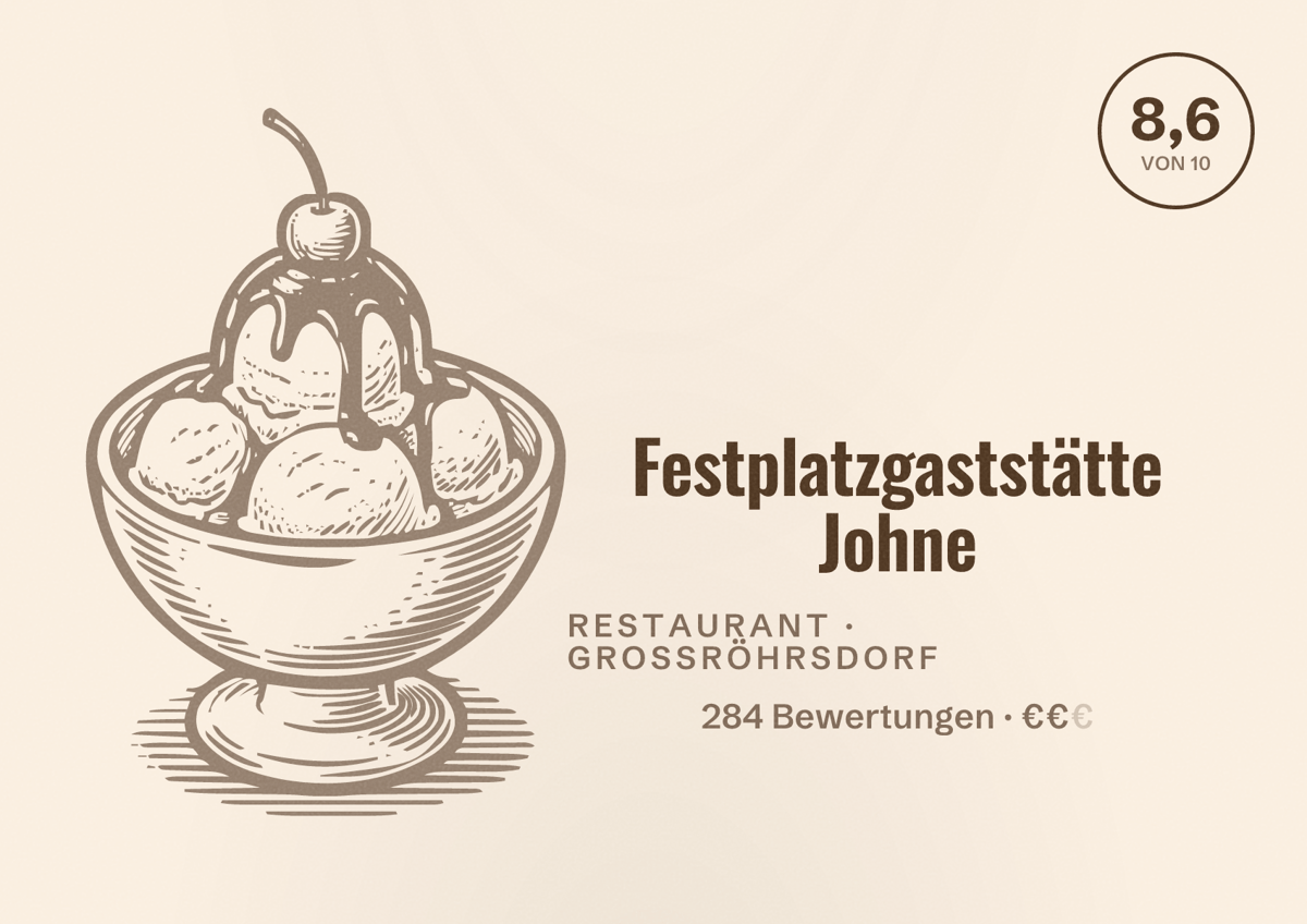 Illustriertes Poster von Festplatzgaststätte Johne, Restaurant in Großröhrsdorf: Bewertung 8,6 von 10 aus 284 Bewertungen, Preisniveau €€
