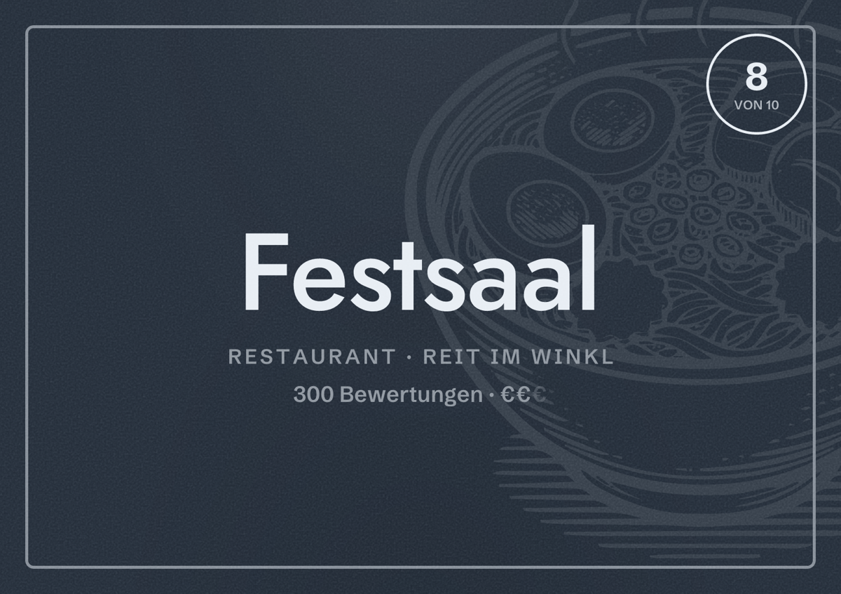 Illustriertes Poster von Festsaal, Restaurant in Reit im Winkl: Bewertung 8 von 10 aus 300 Bewertungen, Preisniveau €€