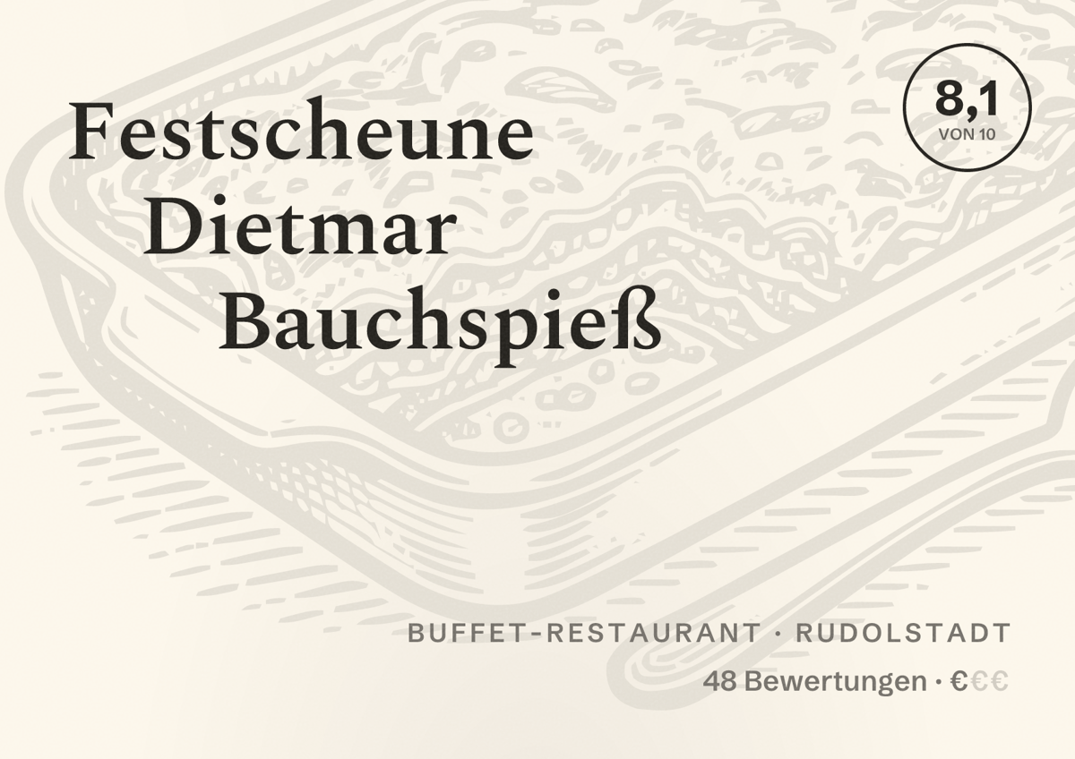 Illustriertes Poster von Festscheune Dietmar Bauchspieß, Buffet-Restaurant in Rudolstadt: Bewertung 8,1 von 10 aus 48 Bewertungen, Preisniveau €