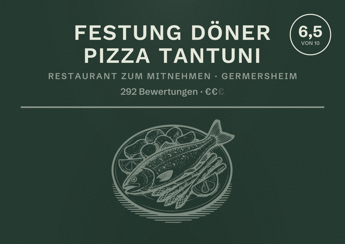 Illustriertes Poster von Festung Döner Pizza Tantuni, Restaurant zum Mitnehmen in Germersheim: Bewertung 6,5 von 10 aus 292 Bewertungen, Preisniveau €€