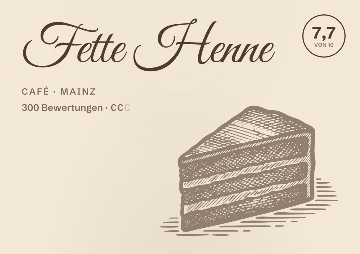 Illustriertes Poster von Fette Henne, Café in Mainz: Bewertung 7,7 von 10 aus 300 Bewertungen, Preisniveau €€