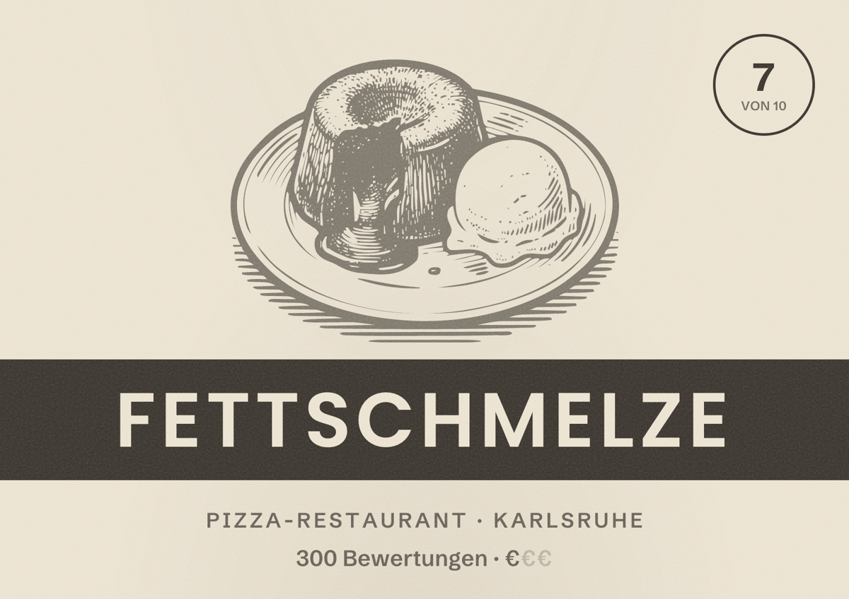 Illustriertes Poster von Fettschmelze, Pizza-Restaurant in Karlsruhe: Bewertung 7 von 10 aus 300 Bewertungen, Preisniveau €