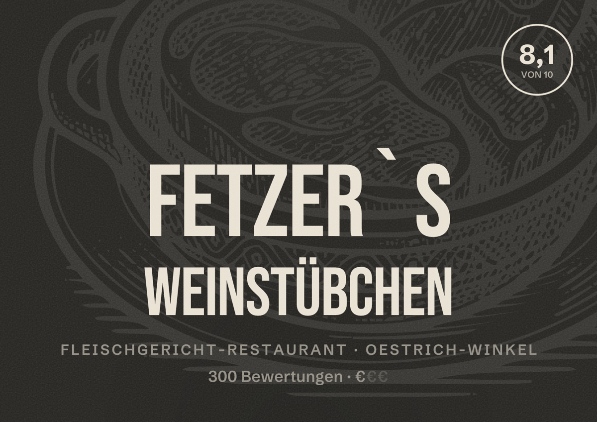 Illustriertes Poster von Fetzer`s Weinstübchen, Fleischgericht-Restaurant in Oestrich-Winkel: Bewertung 8,1 von 10 aus 300 Bewertungen, Preisniveau €