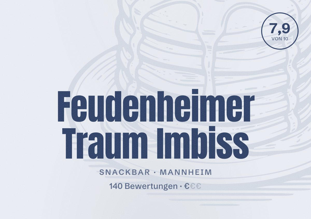 Illustriertes Poster von Feudenheimer Traum Imbiss, Snackbar in Mannheim: Bewertung 7,9 von 10 aus 140 Bewertungen, Preisniveau €