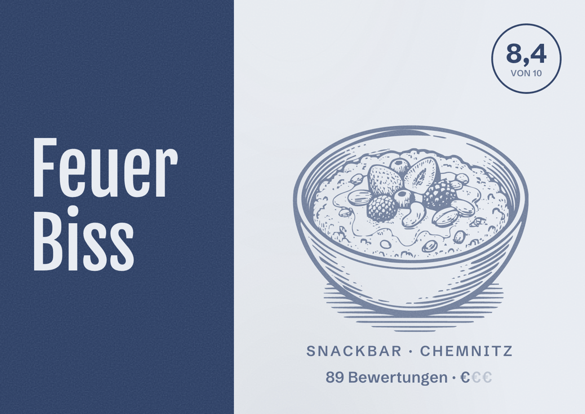 Illustriertes Poster von Feuer Biss, Snackbar in Chemnitz: Bewertung 8,4 von 10 aus 89 Bewertungen, Preisniveau €