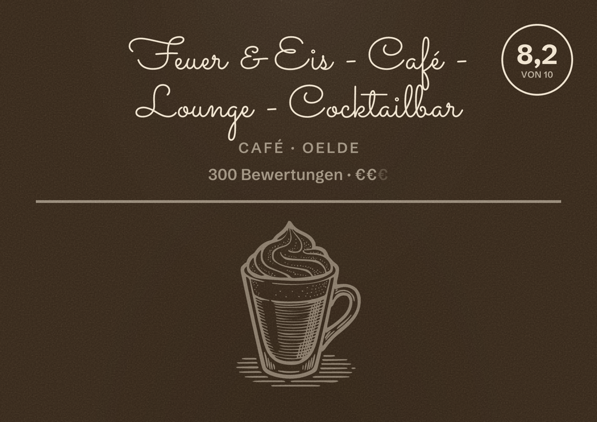 Illustriertes Poster von Feuer & Eis - Café - Lounge - Cocktailbar, Café in Oelde: Bewertung 8,2 von 10 aus 300 Bewertungen, Preisniveau €€