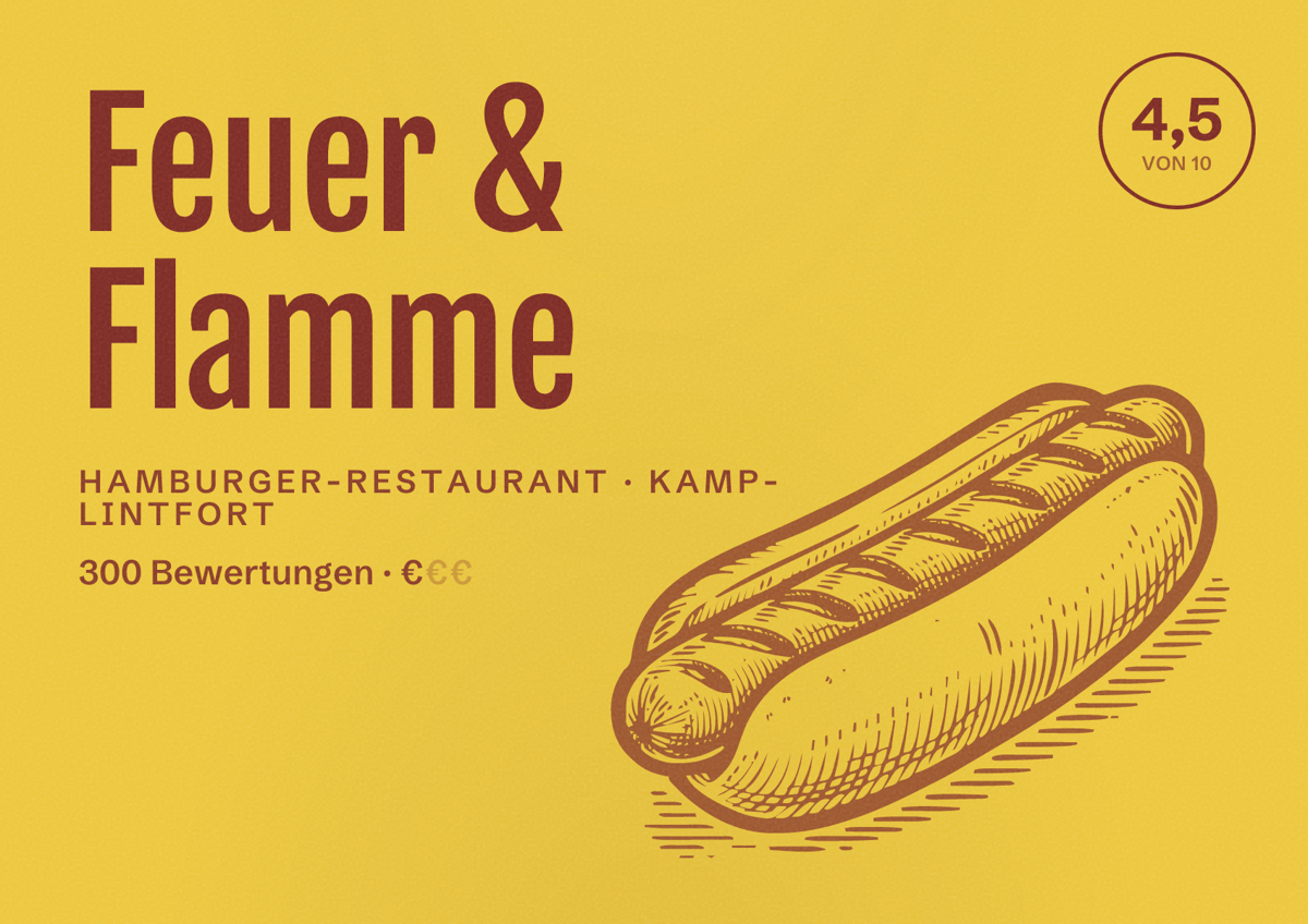 Illustriertes Poster von Feuer & Flamme, Hamburger-Restaurant in Kamp-Lintfort: Bewertung 4,5 von 10 aus 300 Bewertungen, Preisniveau €