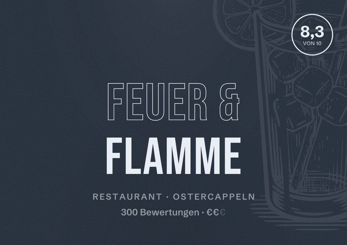 Illustriertes Poster von Feuer & Flamme, Restaurant in Ostercappeln: Bewertung 8,3 von 10 aus 300 Bewertungen, Preisniveau €€