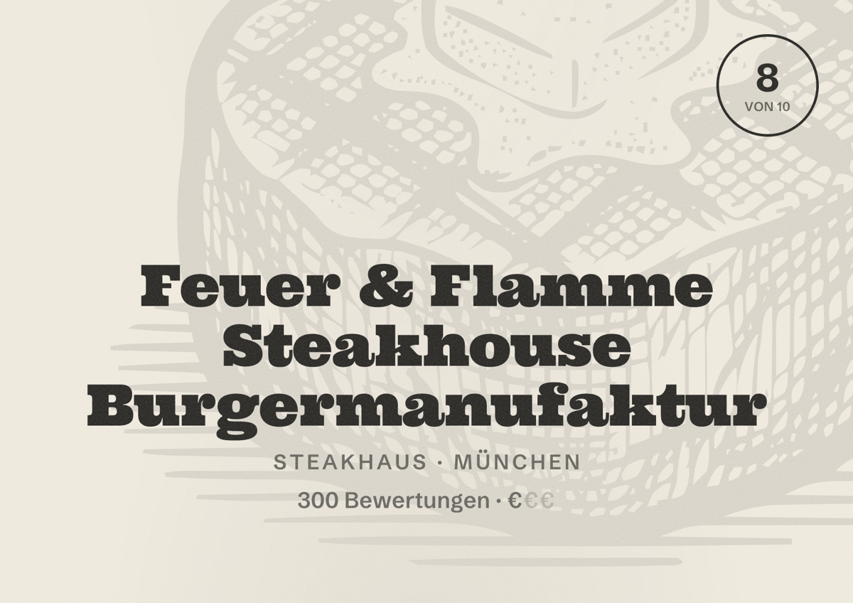 Illustriertes Poster von Feuer & Flamme Steakhouse Burgermanufaktur, Steakhaus in München: Bewertung 8,0 von 10 aus 300 Bewertungen, Preisniveau €