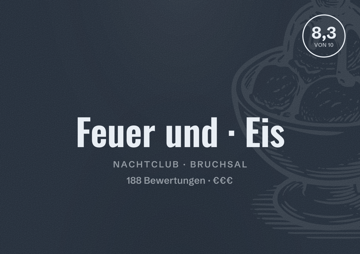Illustriertes Poster von Feuer und Eis, Nachtclub in Bruchsal: Bewertung 8,3 von 10 aus 188 Bewertungen, Preisniveau €€€