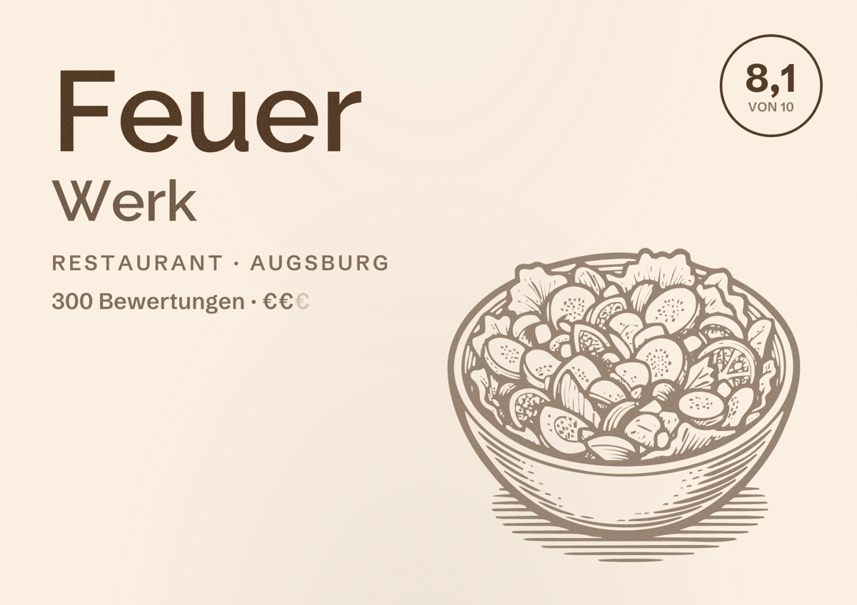 Illustriertes Poster von Feuer Werk, Restaurant in Augsburg: Bewertung 8,1 von 10 aus 300 Bewertungen, Preisniveau €€
