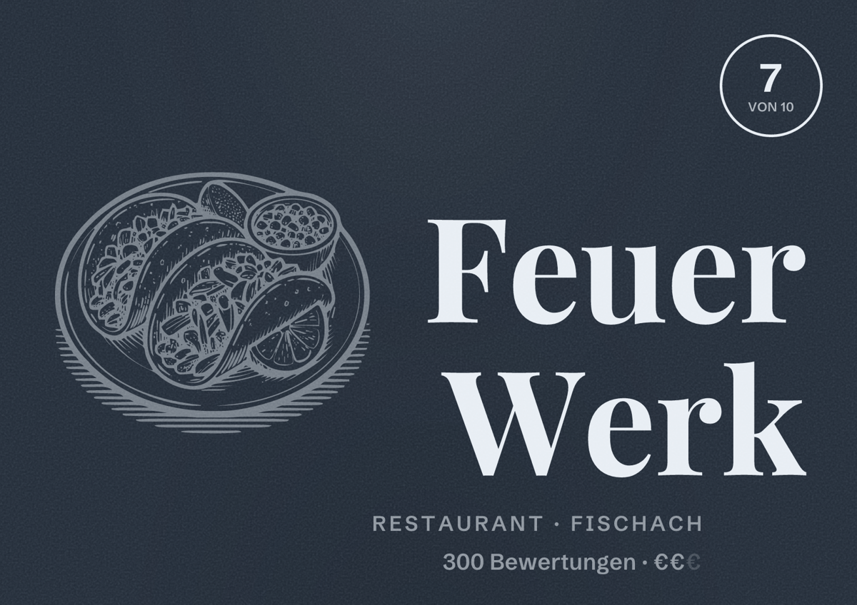 Illustriertes Poster von Feuer Werk, Restaurant in Fischach: Bewertung 7 von 10 aus 300 Bewertungen, Preisniveau €€