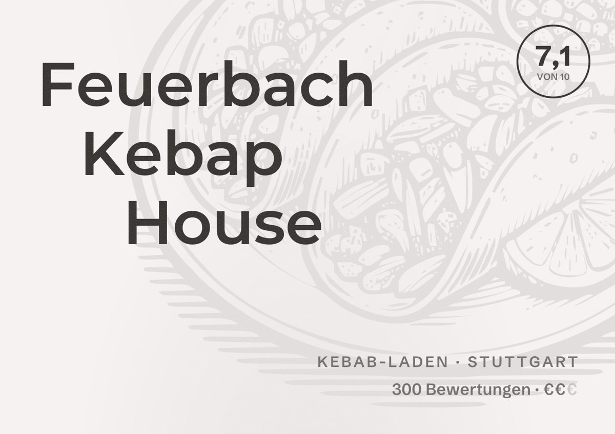 Illustriertes Poster von Feuerbach Kebap House, Kebab-Laden in Stuttgart: Bewertung 7,1 von 10 aus 300 Bewertungen, Preisniveau €€