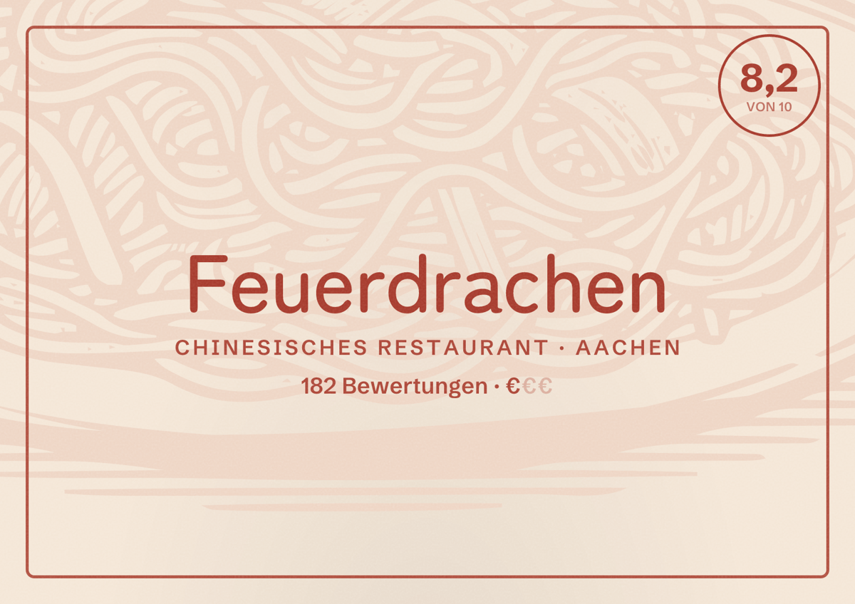 Illustriertes Poster von Feuerdrachen, Chinesisches Restaurant in Aachen: Bewertung 8,2 von 10 aus 182 Bewertungen, Preisniveau €