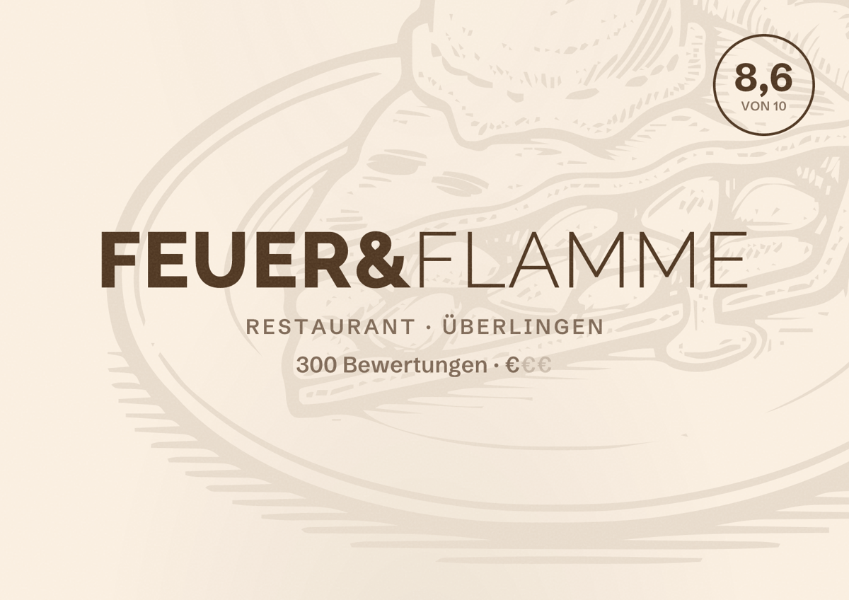 Illustriertes Poster von Feuer&Flamme, Restaurant in Überlingen: Bewertung 8,6 von 10 aus 300 Bewertungen, Preisniveau €