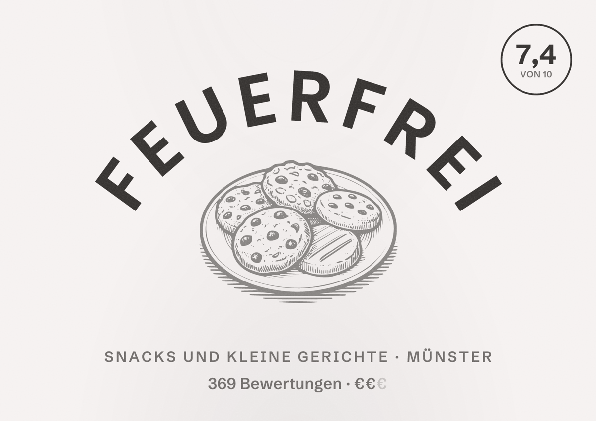 Illustriertes Poster von Feuerfrei, Snacks und kleine Gerichte in Münster: Bewertung 7,4 von 10 aus 369 Bewertungen, Preisniveau €€