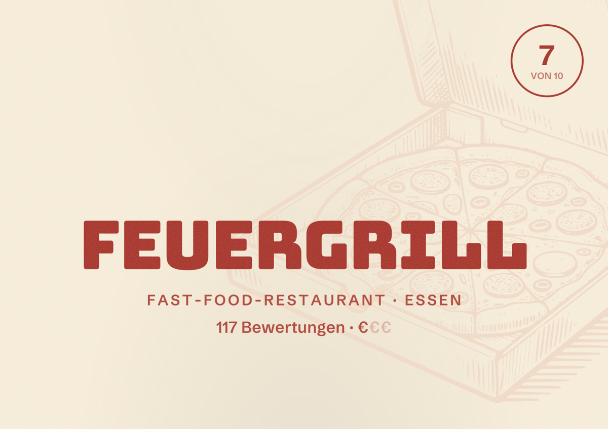 Illustriertes Poster von Feuergrill, Fast-Food-Restaurant in Essen: Bewertung 7 von 10 aus 117 Bewertungen, Preisniveau €