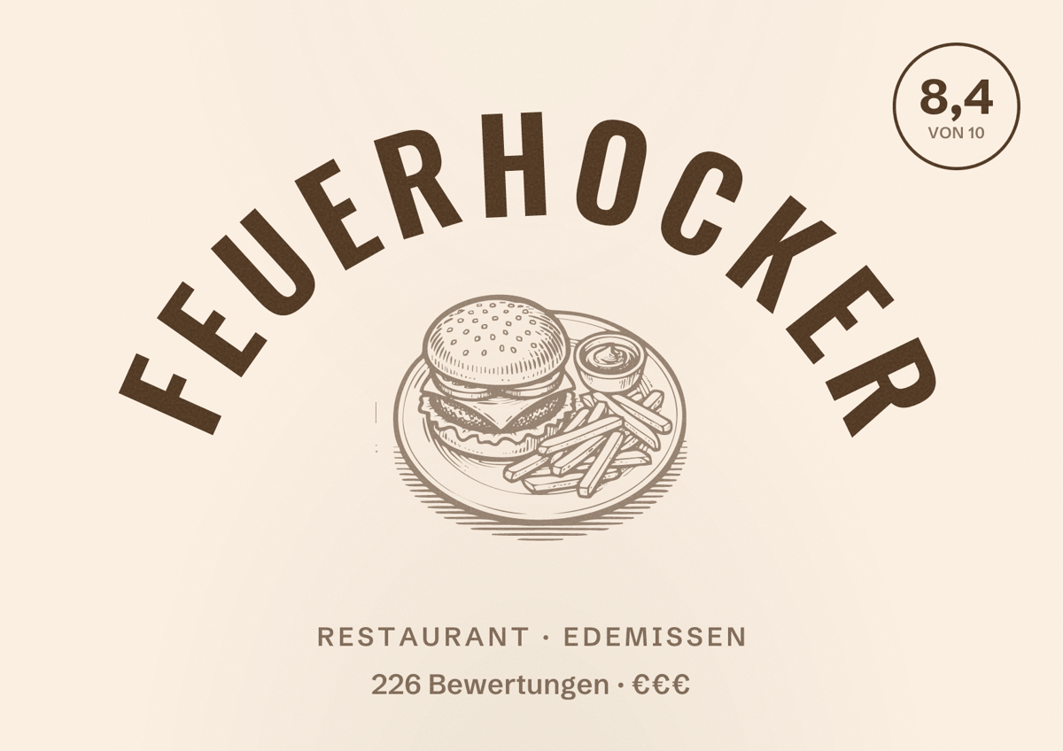 Illustriertes Poster von Feuerhocker, Restaurant in Edemissen: Bewertung 8,4 von 10 aus 226 Bewertungen, Preisniveau €€€