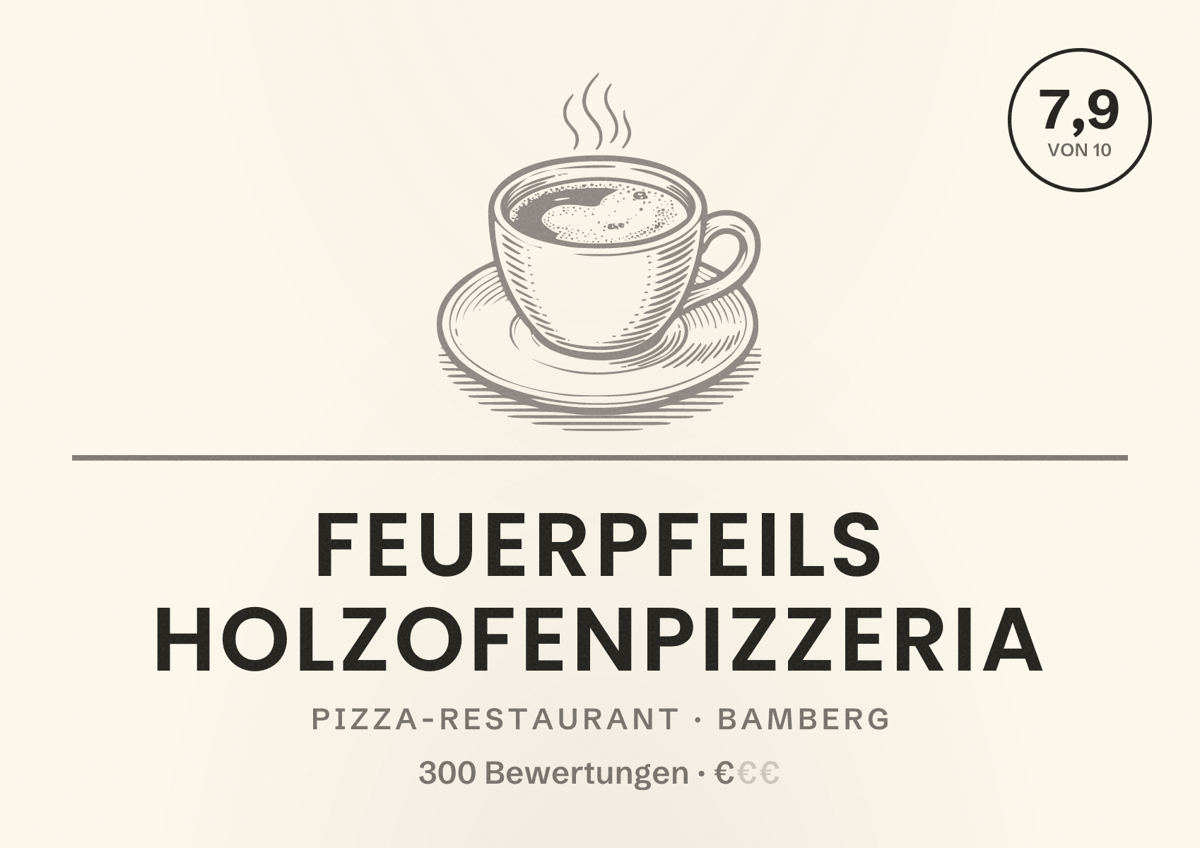 Illustriertes Poster von Feuerpfeils Holzofenpizzeria, Pizza-Restaurant in Bamberg: Bewertung 7,9 von 10 aus 300 Bewertungen, Preisniveau €