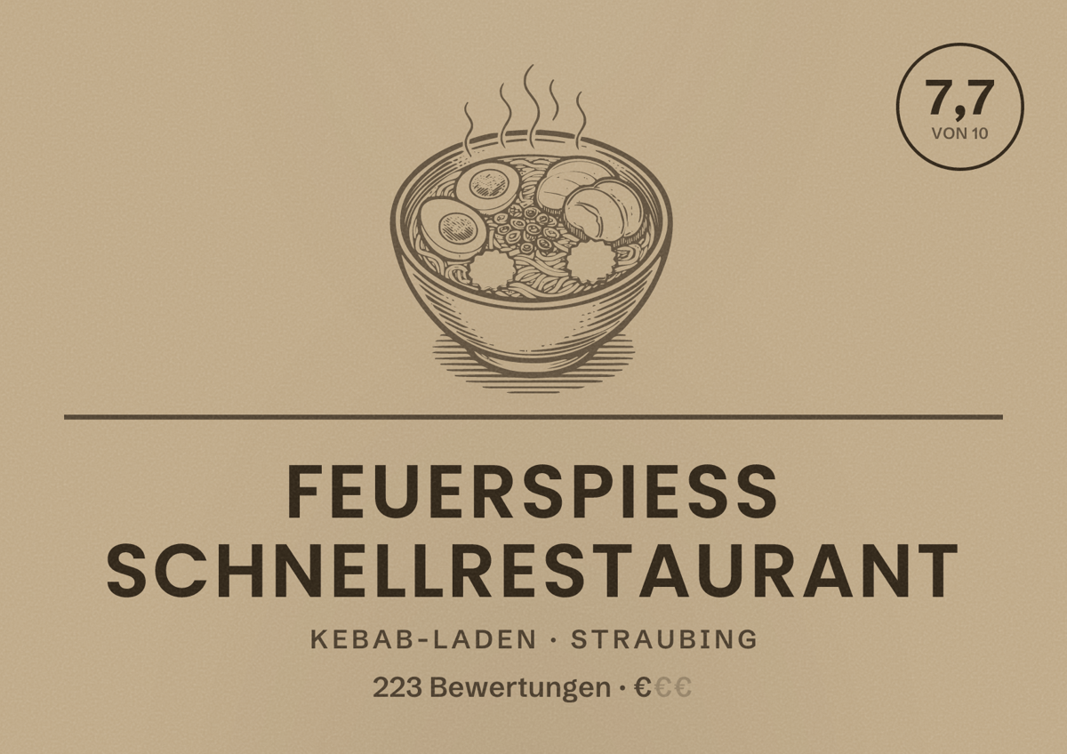 Illustriertes Poster von Feuerspiess Schnellrestaurant, Kebab-Laden in Straubing: Bewertung 7,7 von 10 aus 223 Bewertungen, Preisniveau €
