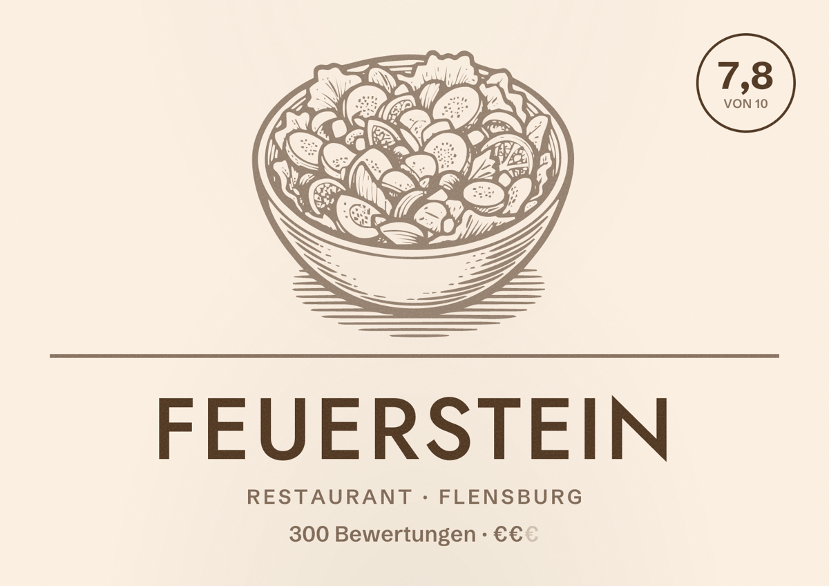 Illustriertes Poster von Feuerstein, Restaurant in Flensburg: Bewertung 7,8 von 10 aus 300 Bewertungen, Preisniveau €€