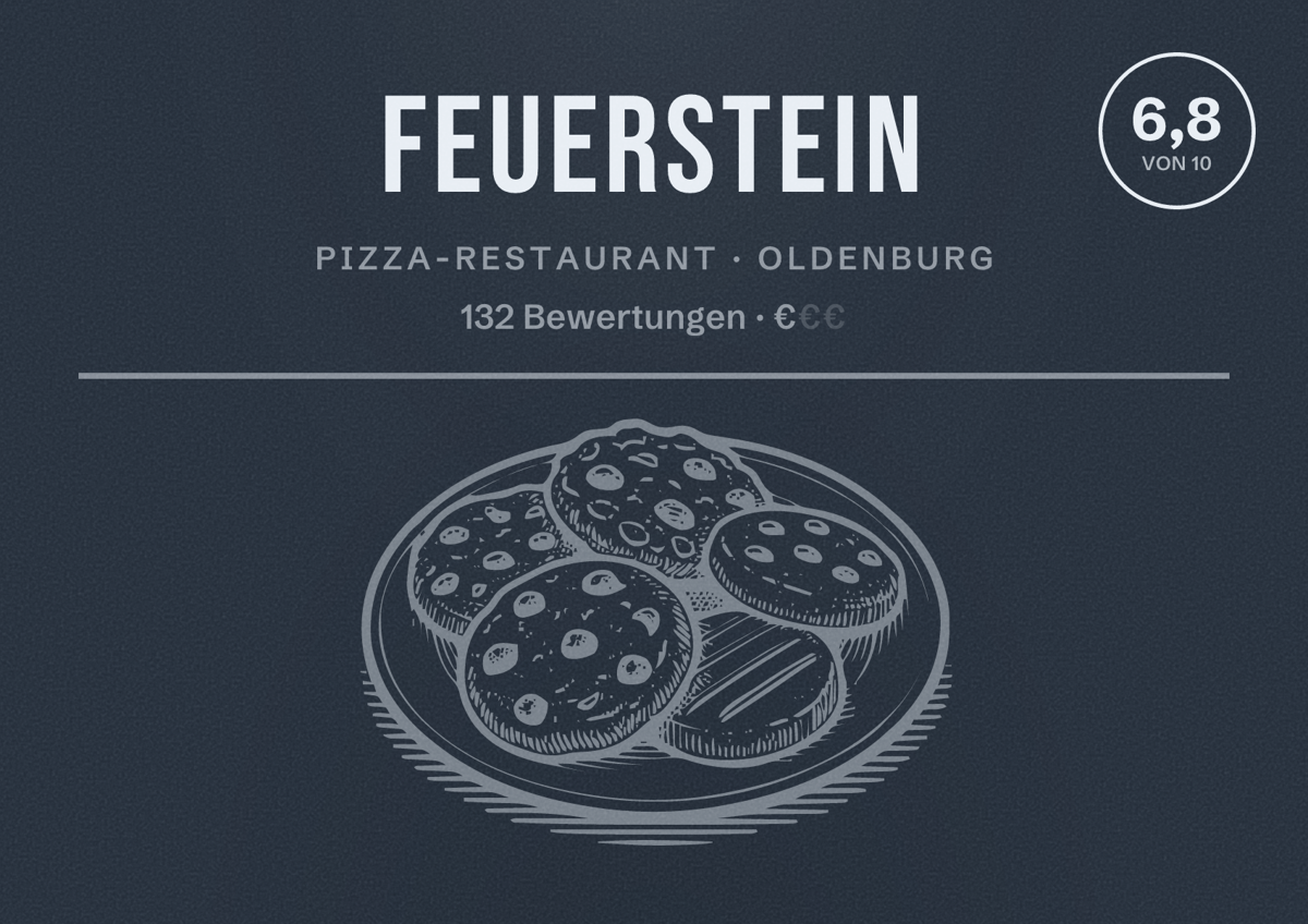 Illustriertes Poster von Feuerstein, Pizza-Restaurant in Oldenburg: Bewertung 6,8 von 10 aus 132 Bewertungen, Preisniveau €