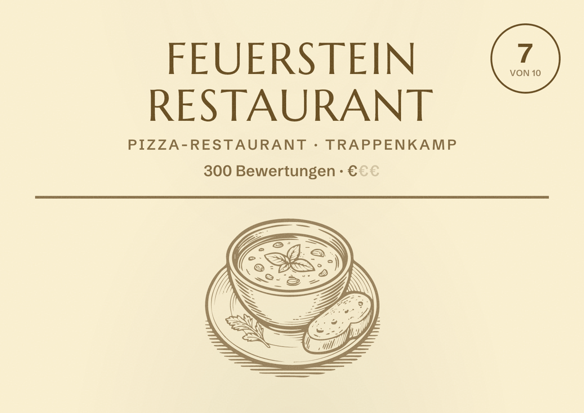 Illustriertes Poster von Feuerstein Restaurant, Pizza-Restaurant in Trappenkamp: Bewertung 7 von 10 aus 300 Bewertungen, Preisniveau €