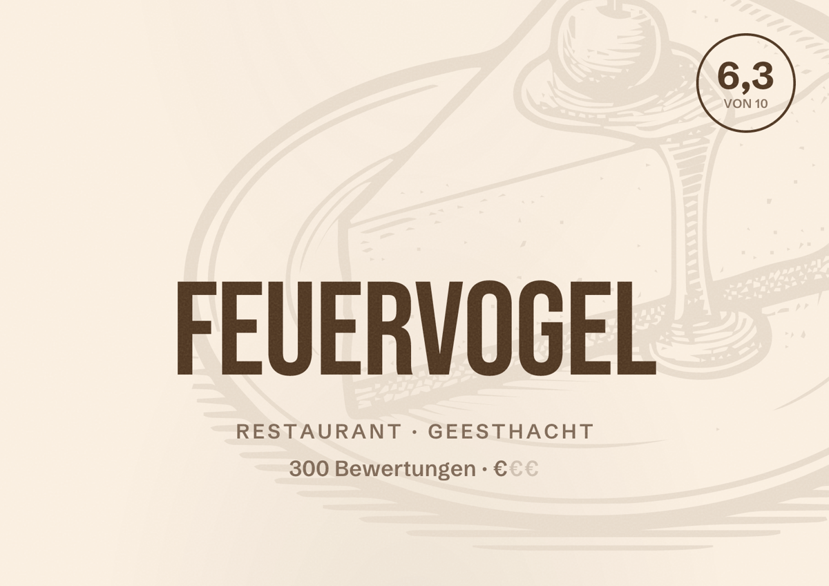 Illustriertes Poster von Feuervogel, Restaurant in Geesthacht: Bewertung 6,3 von 10 aus 300 Bewertungen, Preisniveau €