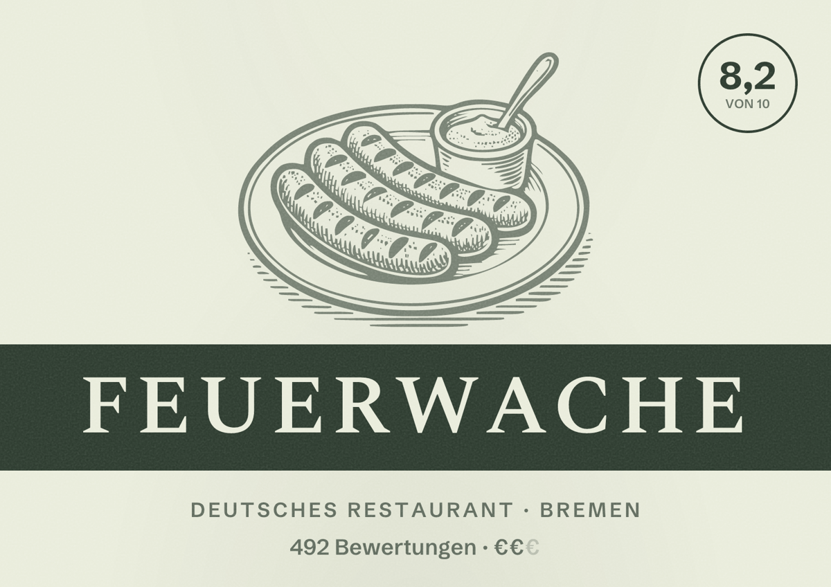 Illustriertes Poster von Feuerwache, Deutsches Restaurant in Bremen: Bewertung 8,2 von 10 aus 492 Bewertungen, Preisniveau €€