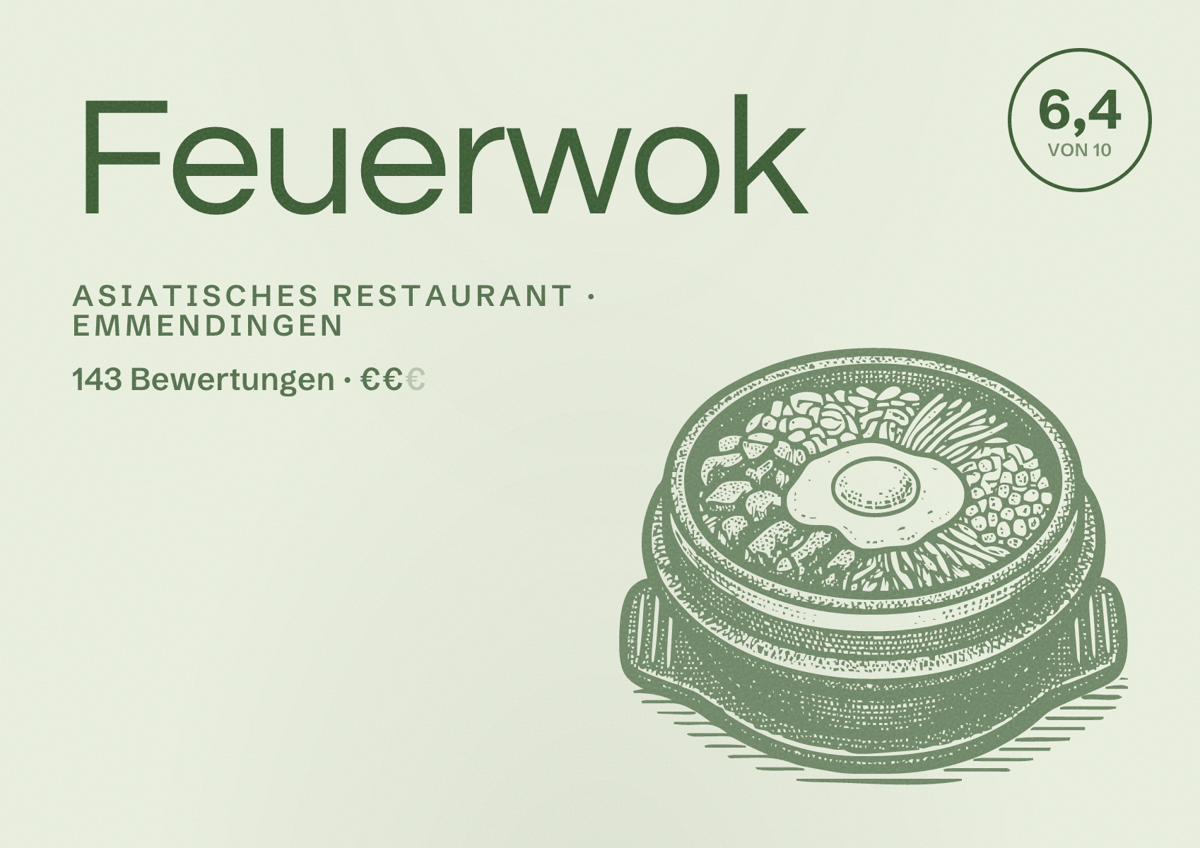 Illustriertes Poster von Feuerwok, Asiatisches Restaurant in Emmendingen: Bewertung 6,4 von 10 aus 143 Bewertungen, Preisniveau €€