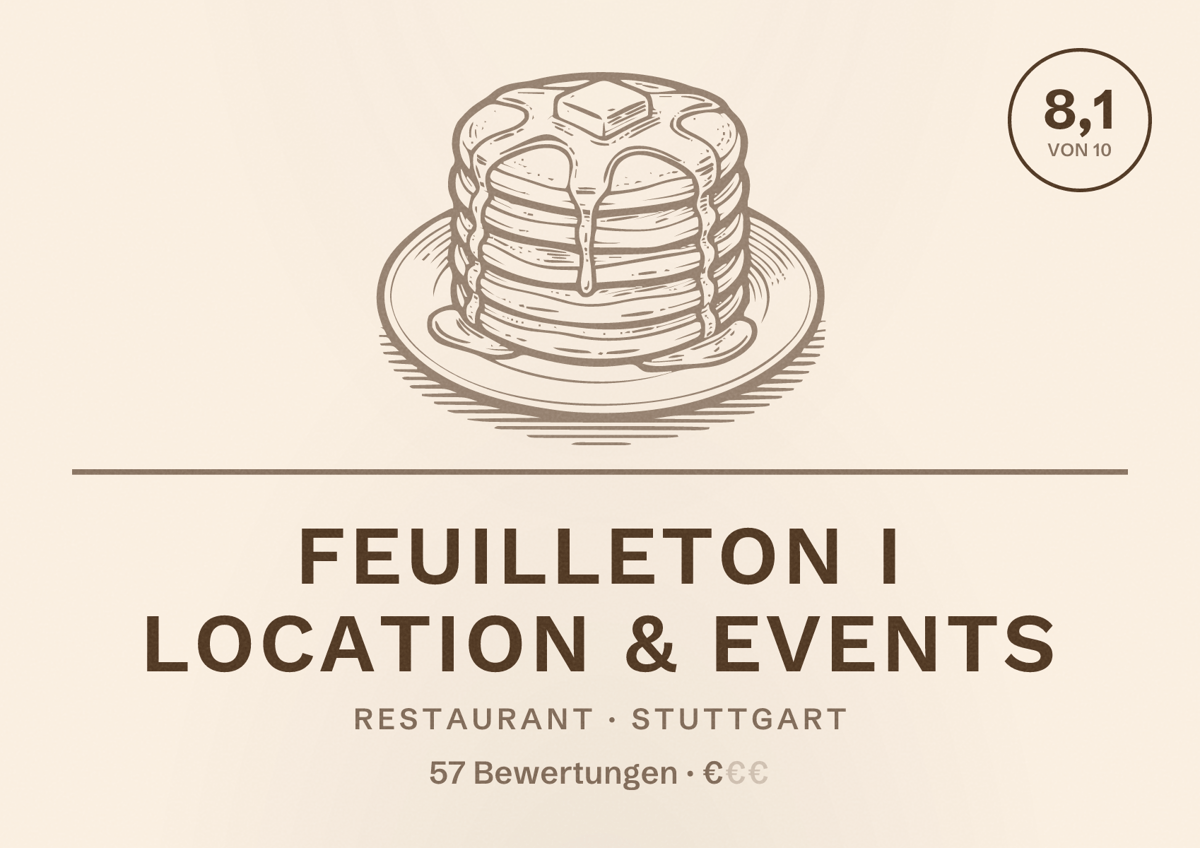 Illustriertes Poster von Feuilleton I Location & Events, Restaurant in Stuttgart: Bewertung 8,1 von 10 aus 57 Bewertungen, Preisniveau €