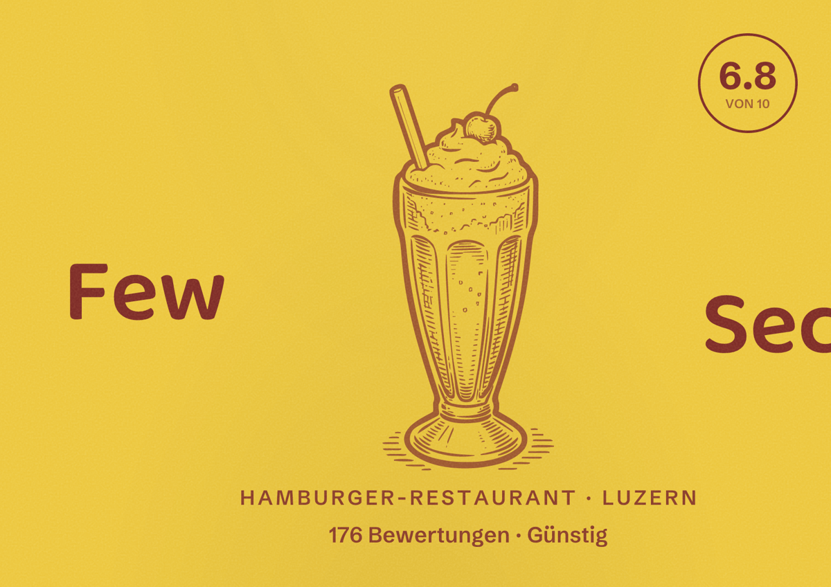 Illustriertes Poster von Few Secs, Hamburger-Restaurant in Luzern: Bewertung 6.8 von 10 aus 176 Bewertungen, Preisniveau Günstig
