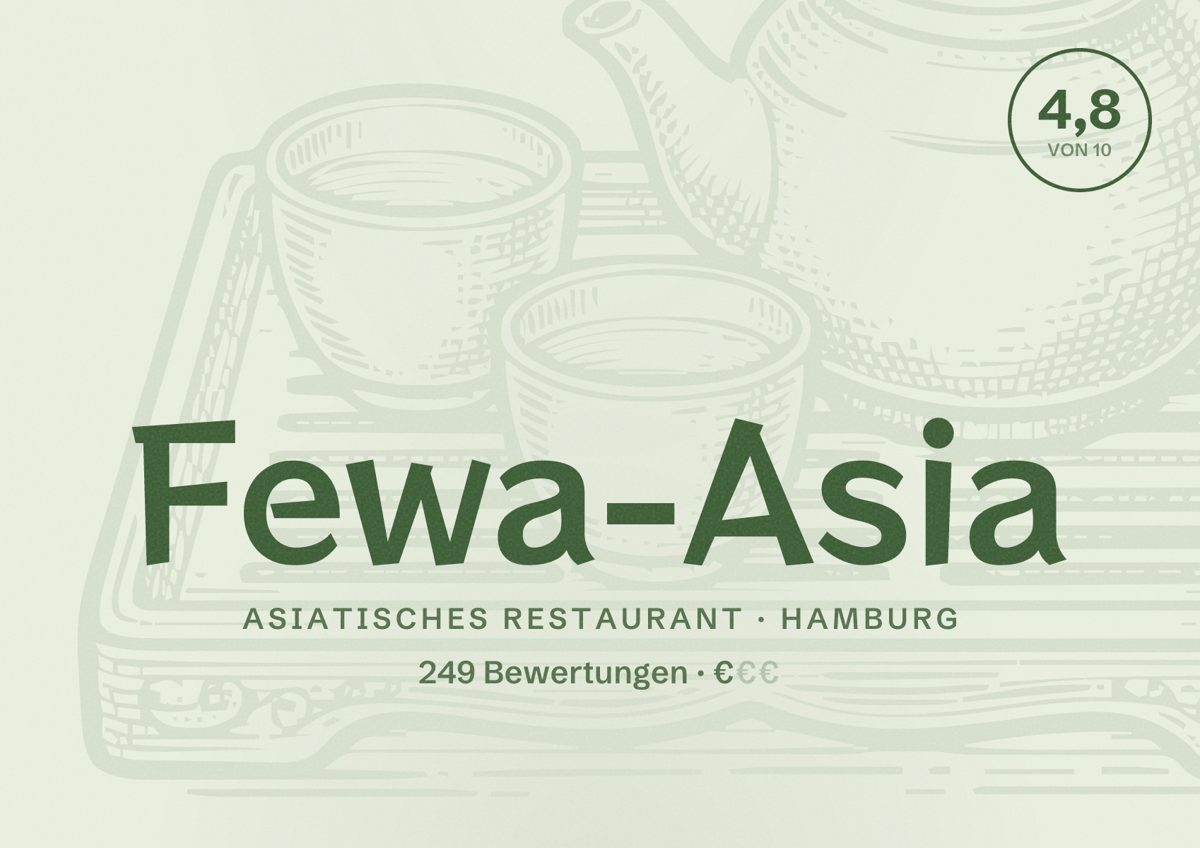 Illustriertes Poster von Fewa-Asia, Asiatisches Restaurant in Hamburg: Bewertung 4,8 von 10 aus 249 Bewertungen, Preisniveau €