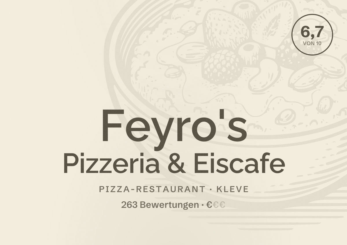 Illustriertes Poster von Feyro's Pizzeria & Eiscafe, Pizza-Restaurant in Kleve: Bewertung 6,7 von 10 aus 263 Bewertungen, Preisniveau €