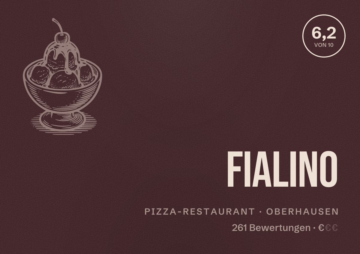 Illustriertes Poster von Fialino, Pizza-Restaurant in Oberhausen: Bewertung 6,2 von 10 aus 261 Bewertungen, Preisniveau €