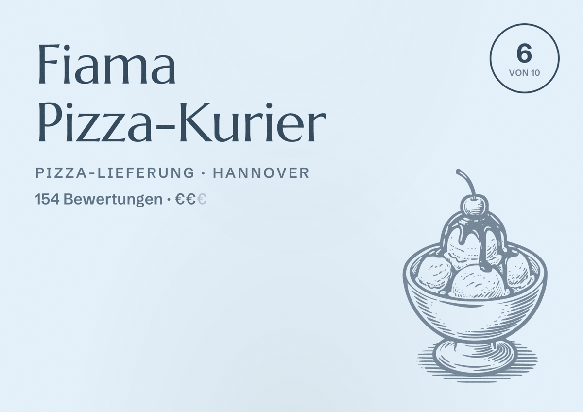 Illustriertes Poster von Fiama Pizza-Kurier, Pizza-Lieferung in Hannover: Bewertung 6 von 10 aus 154 Bewertungen, Preisniveau €€
