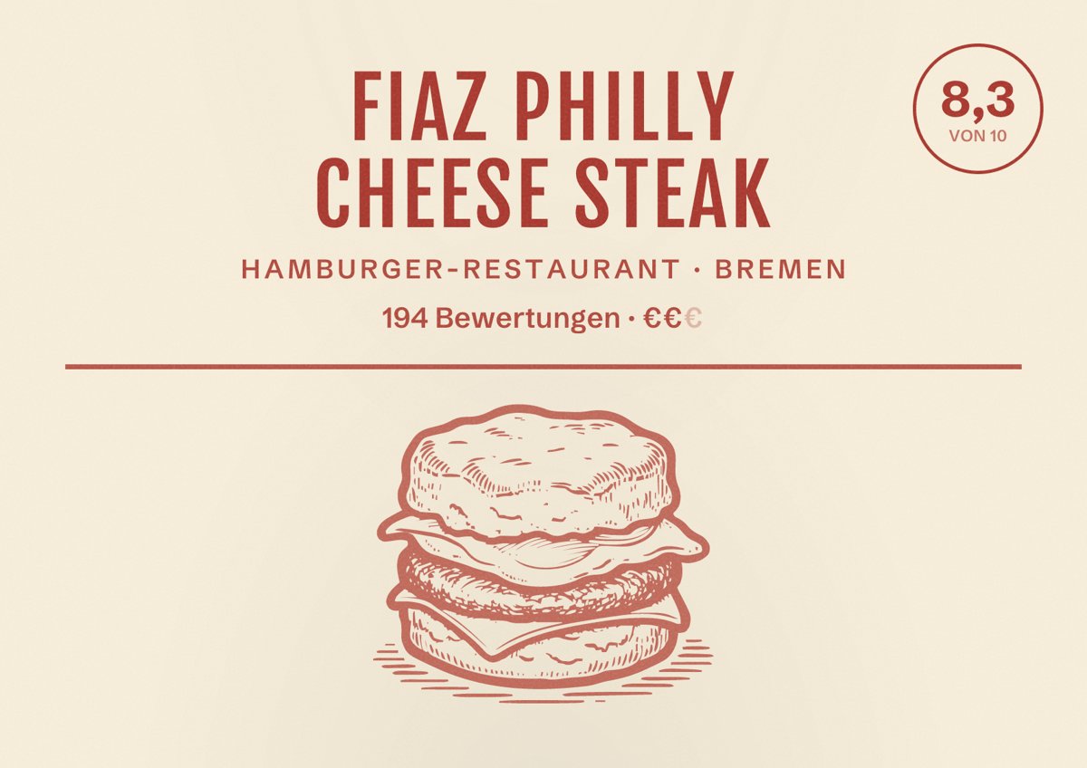 Illustriertes Poster von Fiaz Philly Cheese Steak, Hamburger-Restaurant in Bremen: Bewertung 8,3 von 10 aus 194 Bewertungen, Preisniveau €€
