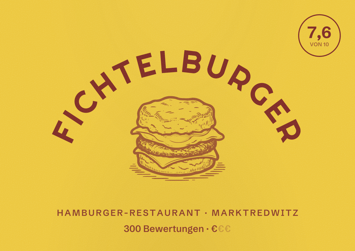 Illustriertes Poster von Fichtelburger, Hamburger-Restaurant in Marktredwitz: Bewertung 7,6 von 10 aus 300 Bewertungen, Preisniveau €