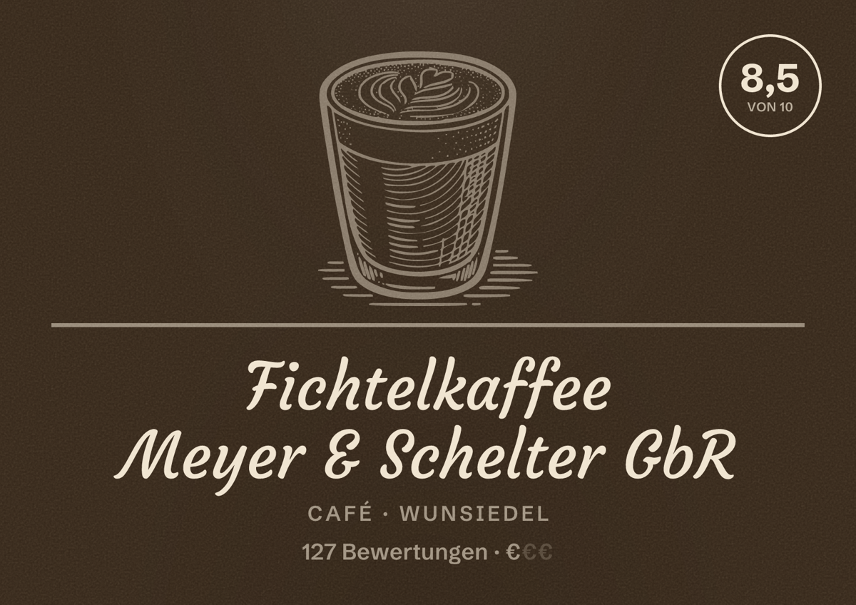 Illustriertes Poster von Fichtelkaffee Meyer & Schelter GbR, Café in Wunsiedel: Bewertung 8,5 von 10 aus 127 Bewertungen, Preisniveau €