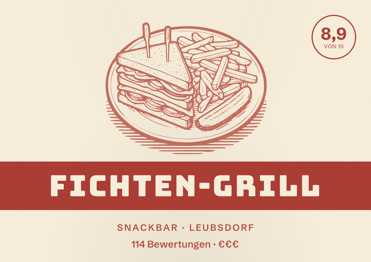 Illustriertes Poster von FICHTEN-GRILL, Snackbar in Leubsdorf: Bewertung 8,9 von 10 aus 114 Bewertungen, Preisniveau €€€