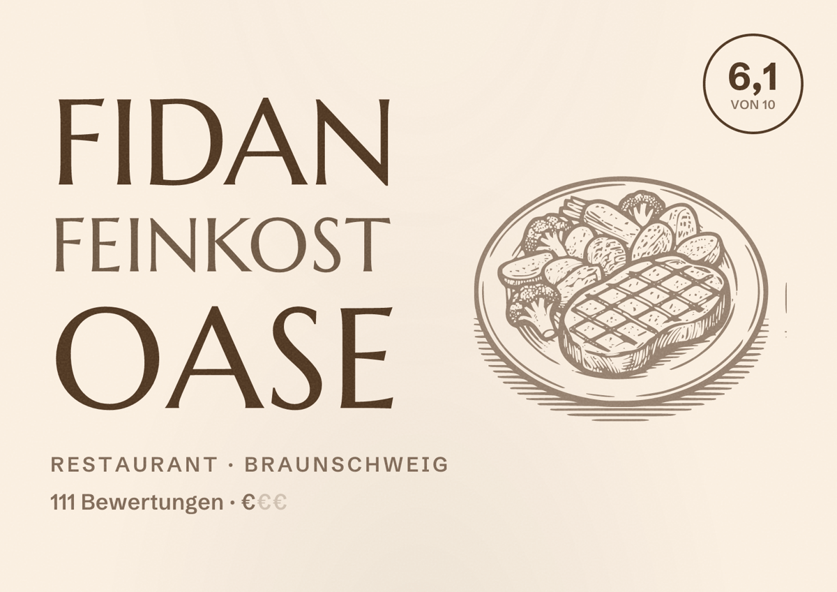 Illustriertes Poster von Fidan Feinkost Oase, Restaurant in Braunschweig: Bewertung 6,1 von 10 aus 111 Bewertungen, Preisniveau €